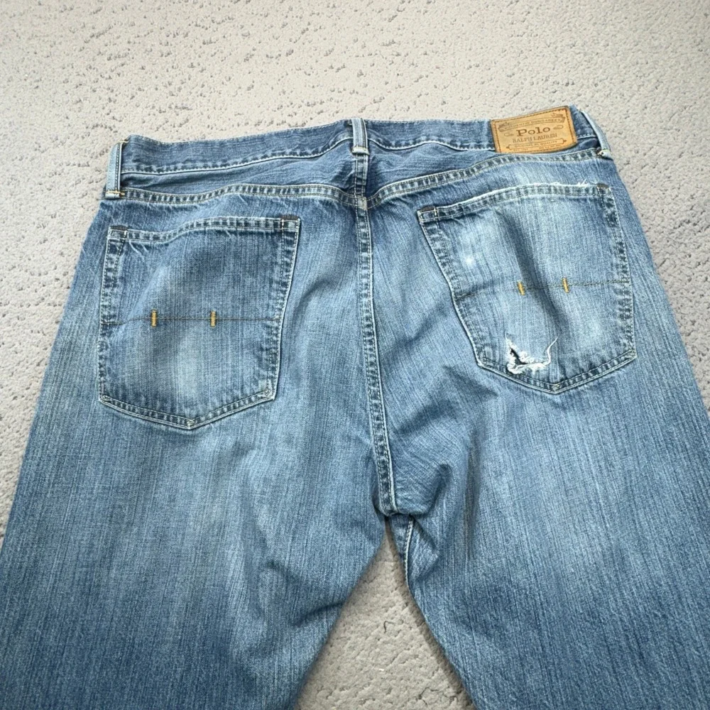 Polo Ralph Lauren Jeans Mens 36x32 Blue Distressed Straight Leg RL Logo Denim